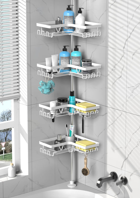 DAOYA Shower Caddy Tension Pole Corner - Stainless Steel Bathroom Organizer White Tension Rod Shower Shelves for Tub(22-114.2inch), Renter Friendly