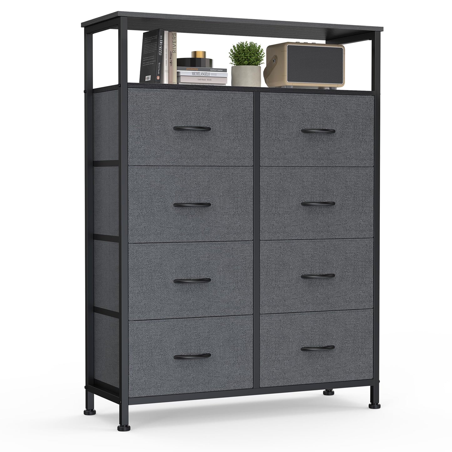 DUMOS Fabric Dresser for Bedroom with 8 Drawers, Tall 8-Drawer Chest of Drawers with Raised Shelf, Storage Tower with Fabric Bins for Closet Organization, Hallway Storage, Grey