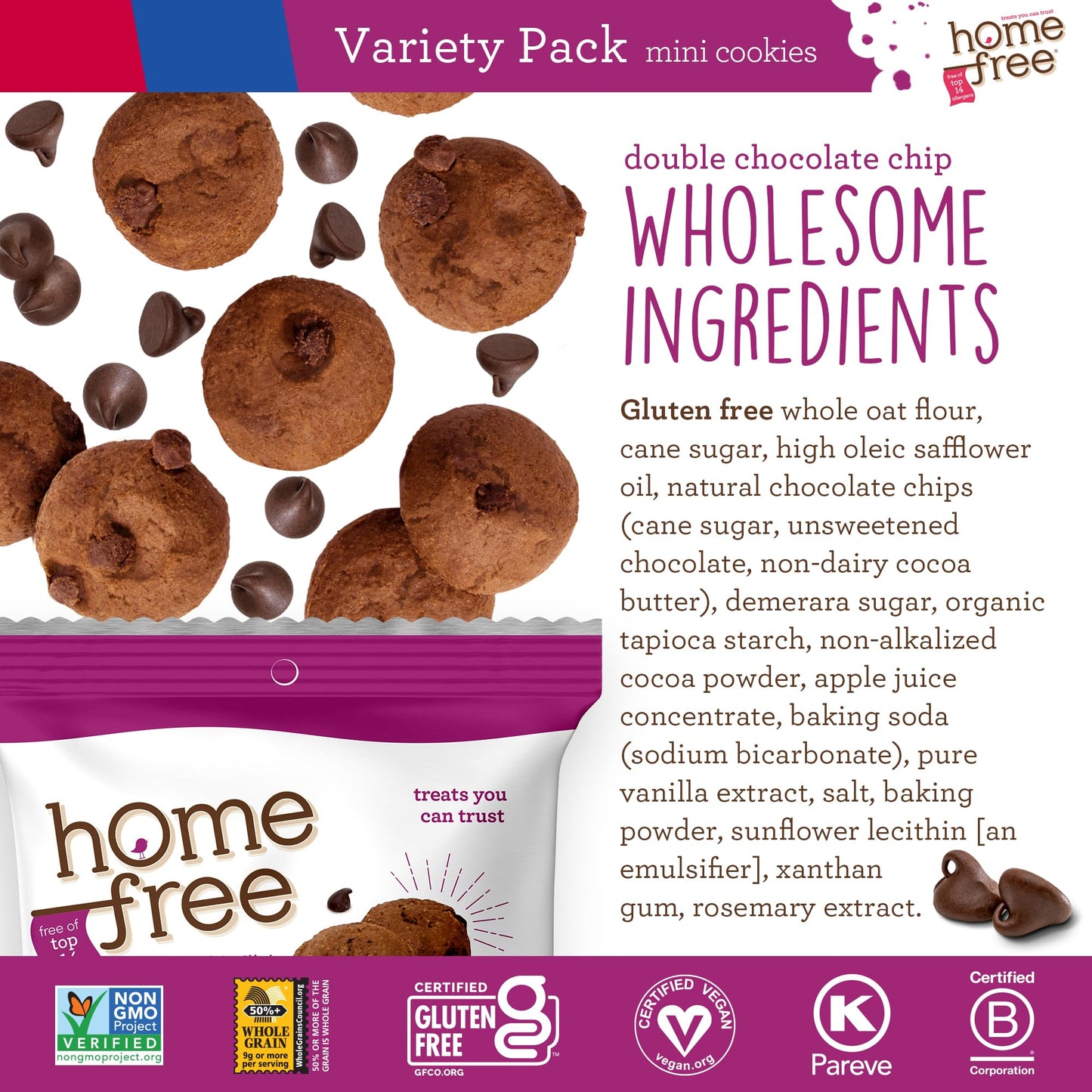 Homefree Treats You Can Trust Gluten Free Mini Cookies, Single Serve, Variety Pack (Pack of 30)