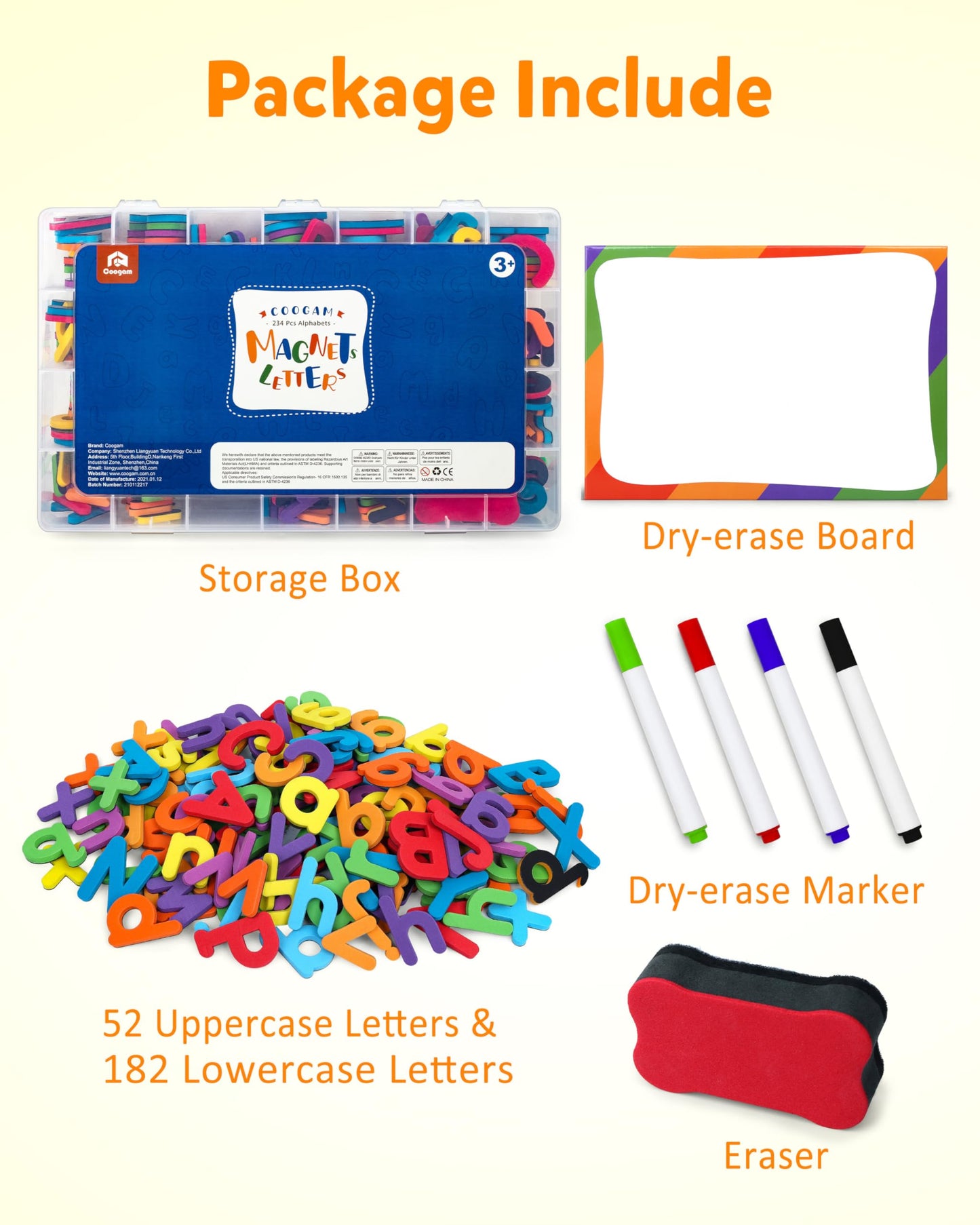 Coogam Magnetic Letters 234 Pcs, Uppercase Lowercase Foam Alphabet ABC Fridge Magnets, Educational Toy Set for Classroom Kids Learning Spelling with Magnetic Board and Storage Box