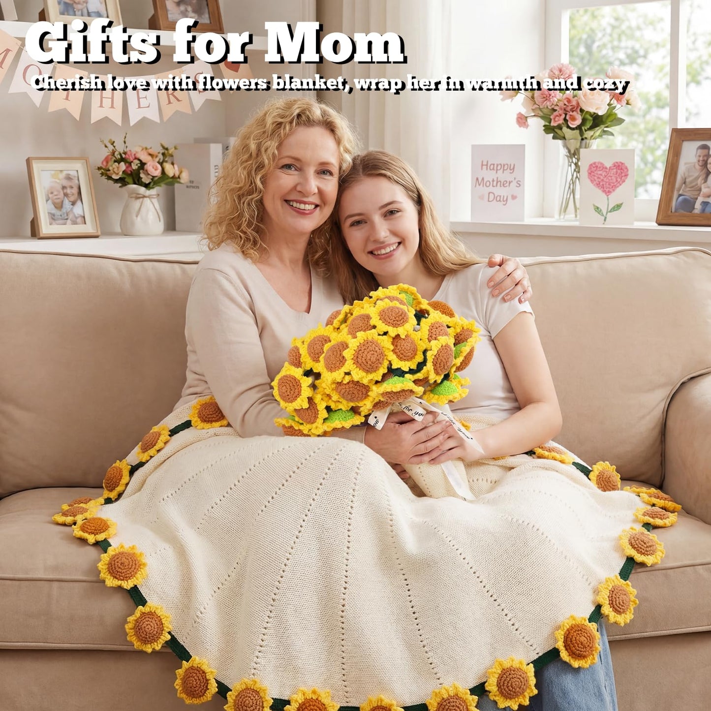 LOKOZ Sunflower Crochet Flower Bouquet Blanket, Teacher Appreciation, Mom Gifts for Mothers Day Grandma Birthday, Sunflower Gifts for Women friends Get Well, Knitted Floral Throw Blanket 31 Inches