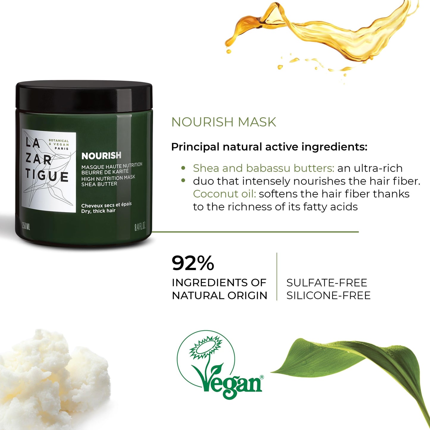 Lazartigue Nourish Mask - Moisturizing, Conditioning Treatment With Coconut Oil And Shea Butter - Non-Greasy, Easy Rinse, Super Creamy Formula - 100% Vegan, Sulfate And Silicone Free - 8.4 Oz