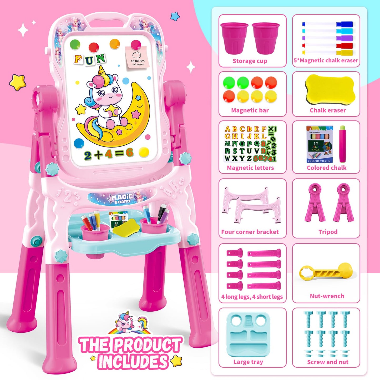 Art Easel for Kids - Adjustable Double-Sided Rotatable Magnetic White Board with Painting Accessories, Preschool Learning Toy for Girls 3-5 Years Old,Ideal Christmas Birthday Gift (Pink)