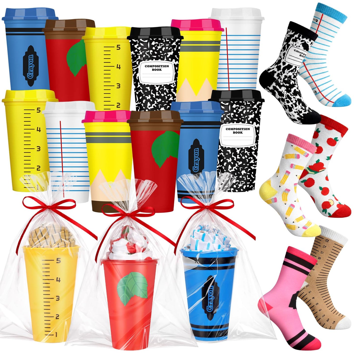 Yungyan 12 Set End of Year Gifts for Teacher Coworker Appreciation Gifts Bulk Reusable Plastic Coffee Cup and Novelty Teacher Sock Back to School Gift Employee Team Coworker Staff Office Supply(16 oz)