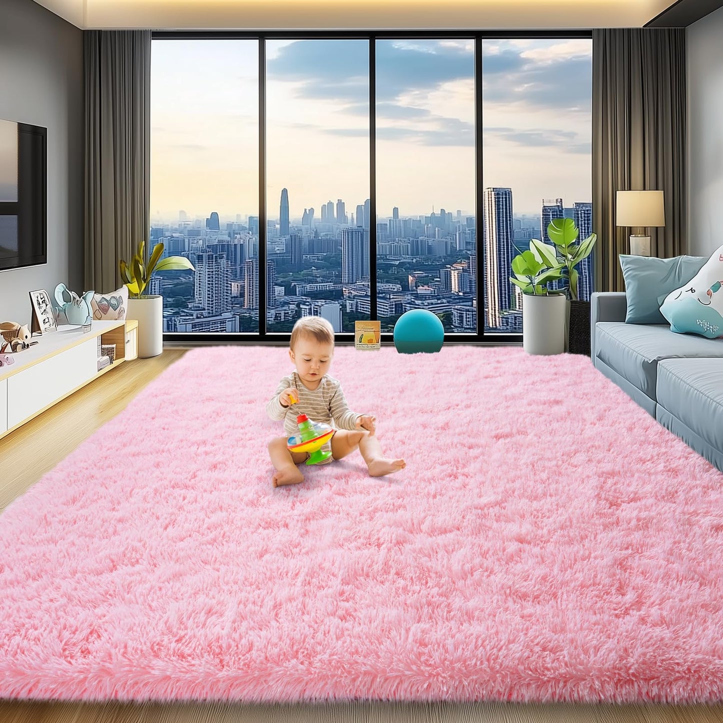 qulint 8x10 Area Rugs for Living Room, Large Fluffy Pink Rug for Bedroom, Soft Shag Shaggy Fuzzy Carpets for Boys and Girls, Modern Alfombras for Kid Room Dorm Room Home Decor (8ft x 10ft, Pink)