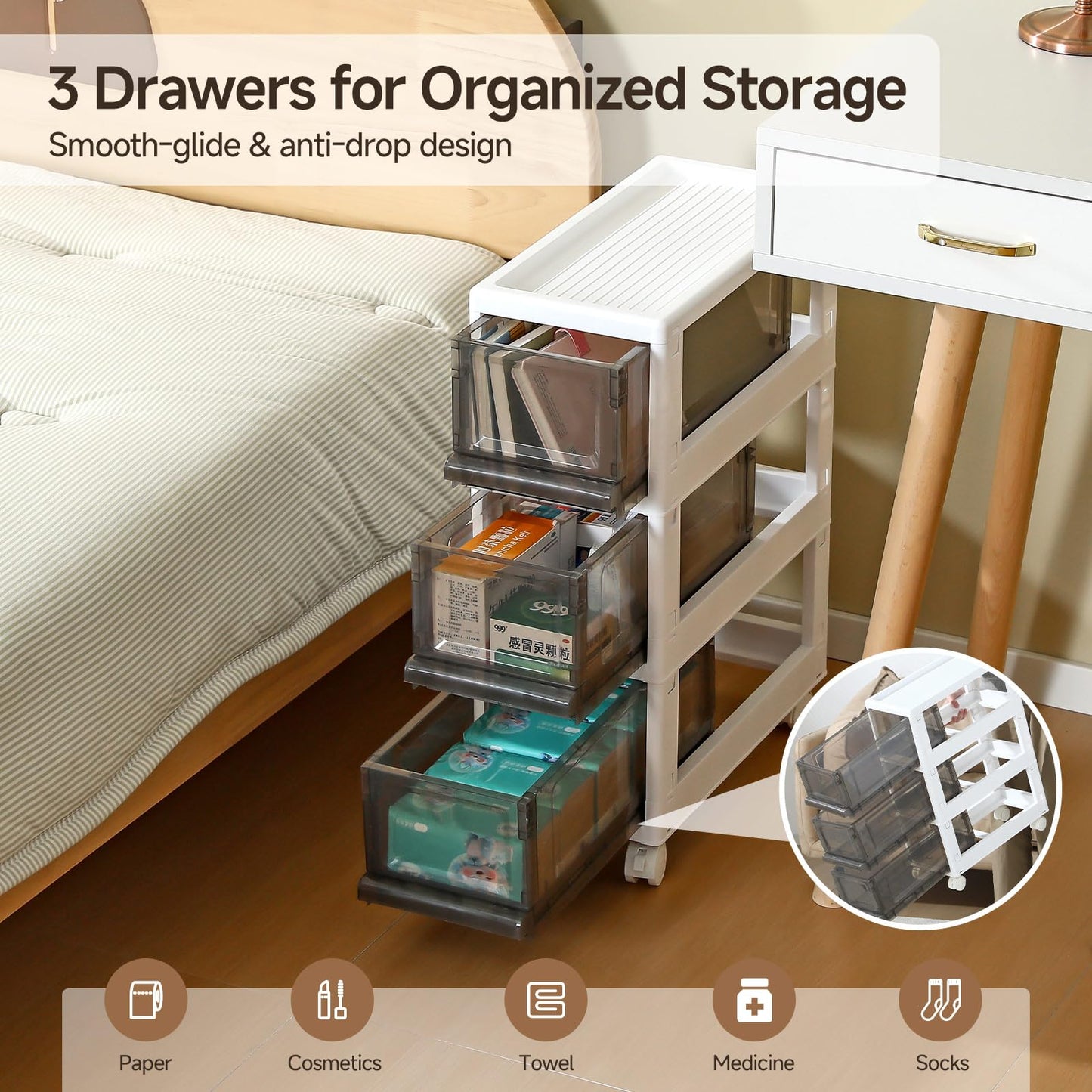 Sunamon Plastic 3 Drawer Storage Organizer, Narrow Plastic Storage Drawers with Wheels, Storage Cart with Drawers for Small and Narrow Space, 7.87-inch Wide (white)