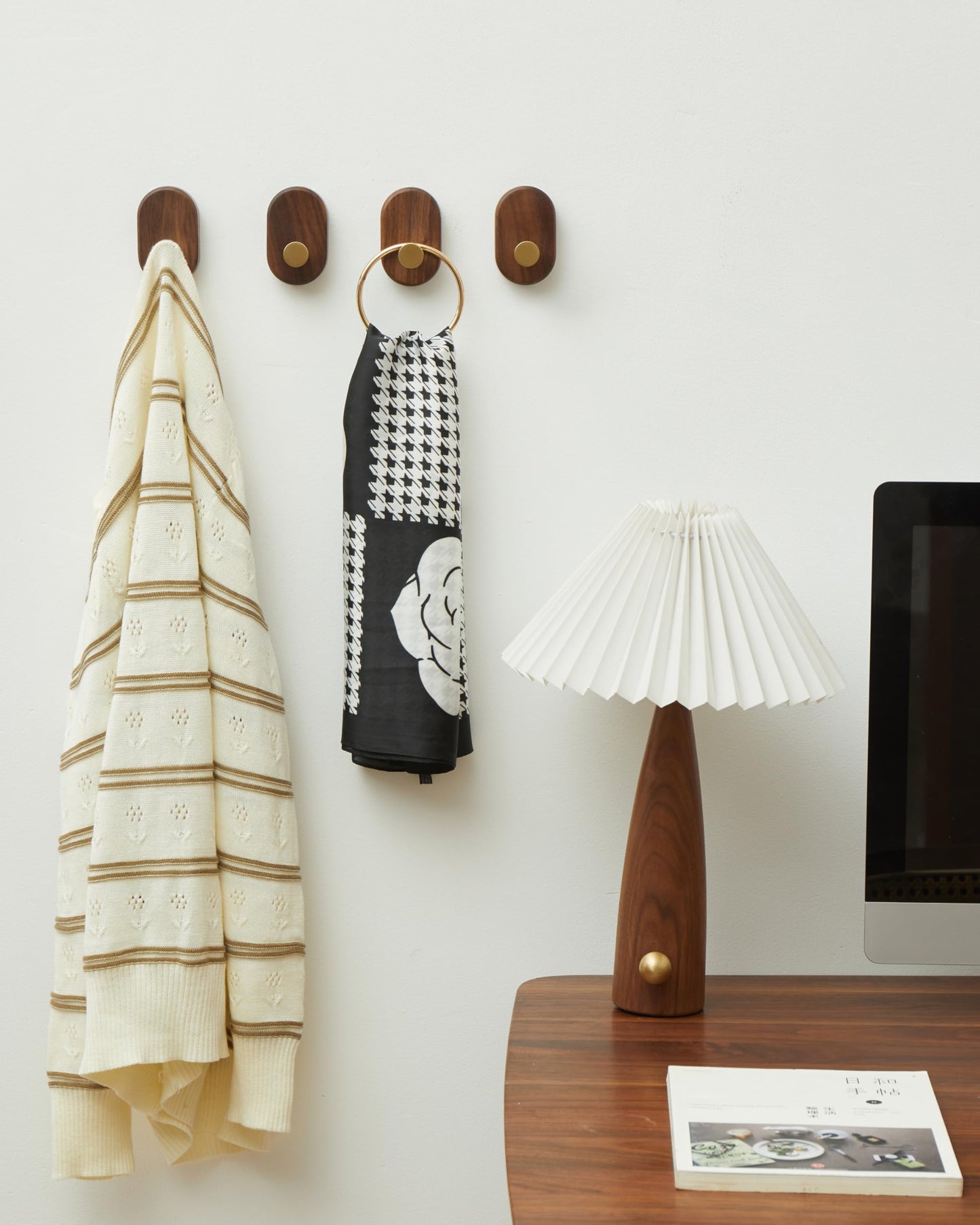 Wood Coat Hooks Wall Mount - Modern Walnut Coat Hook with Bronze Accent for Hanging Clothes,Keys,Purse,Robes,Towel,Backpacks, Single Brass Wall Hooks Heavy Duty for Entryway, Closet, Bathroom (4 Pack)