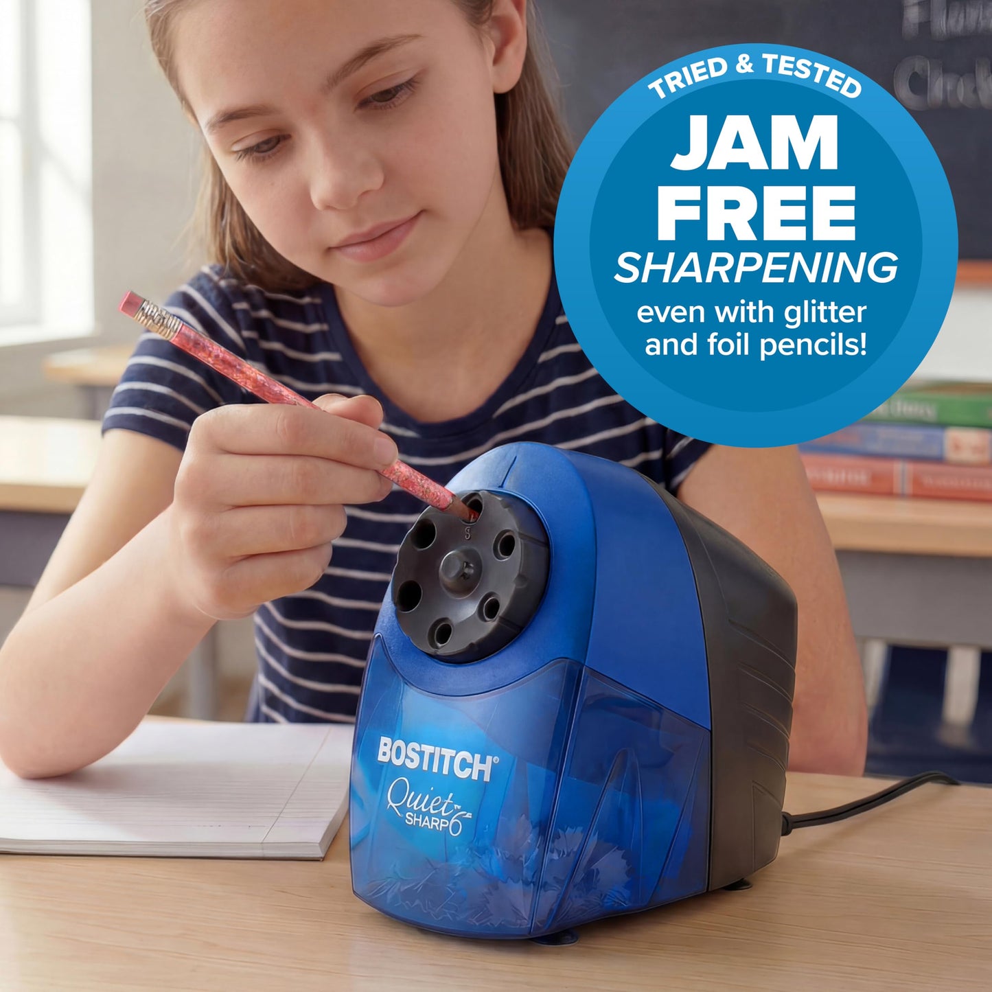 Bostitch Office QuietSharp Electric Pencil Sharpener, Heavy Duty Classroom or Office Use, Size Selector with 6 Different Sizes, Blue