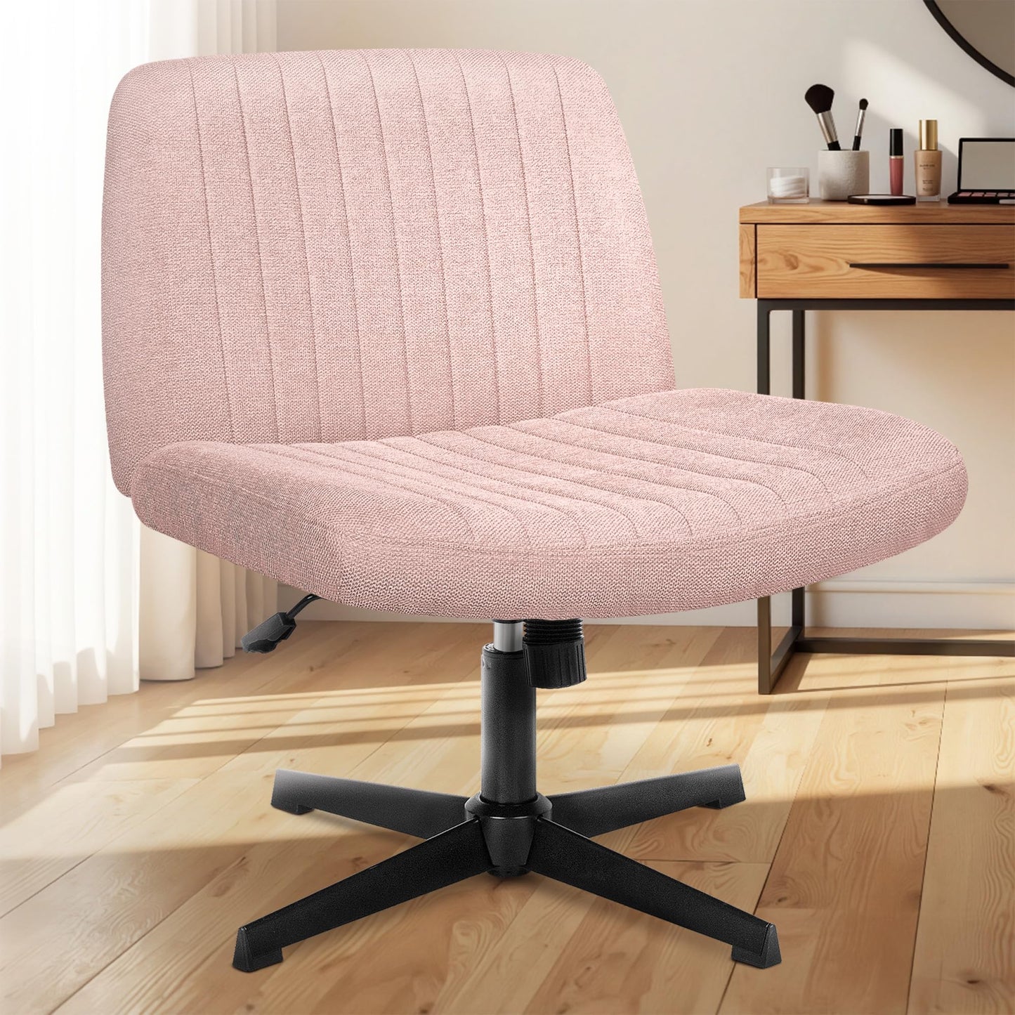 NEO CHAIR Criss Cross Chair No Wheels Armless Cross Legged Office Desk Wide Comfy Vanity Makeup Chair Adjustable Computer Task for Home Office Fabric (Pink)