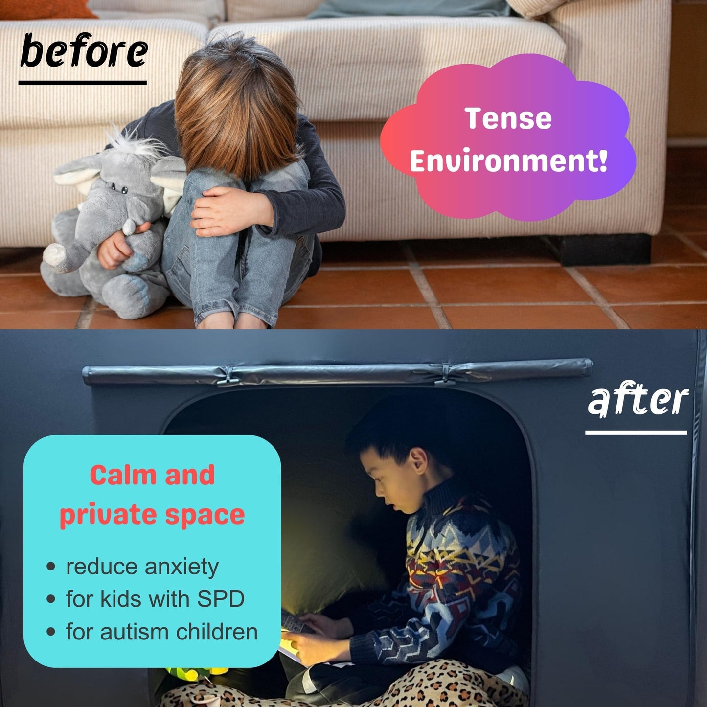 lukidoki Sensory Tent for Kids with Autism, ADHD, SPD - CPC Certification Black Out Calm Corner Hideout Den Helps Children Adults Relax Reduce Anxiety - Pop-up Autistic Sensory Room Play Tent