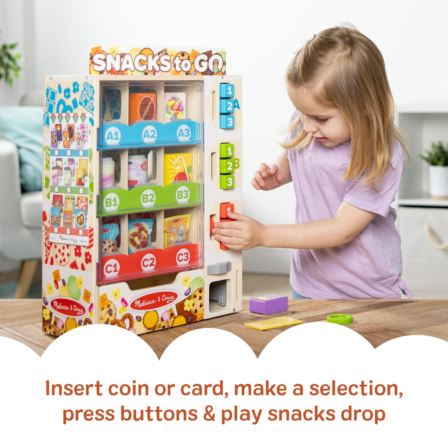 Melissa & Doug Sort-Stock-Select Wooden Vending Machine Toy with Play Food, Mini Vending Machine Toys & Play Money, Preschool Toys for Kids Ages 3+