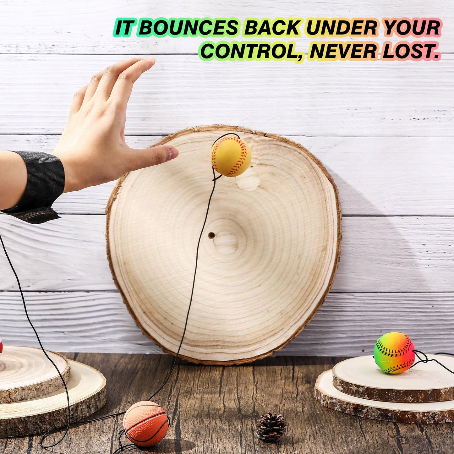 Skylety 100 Pieces Wrist Return Ball Rubber Sport Ball with Strap and String Rebound Bouncy Balls Toy on Elastic String Toy for Teens Adults Wrist Exercise Play