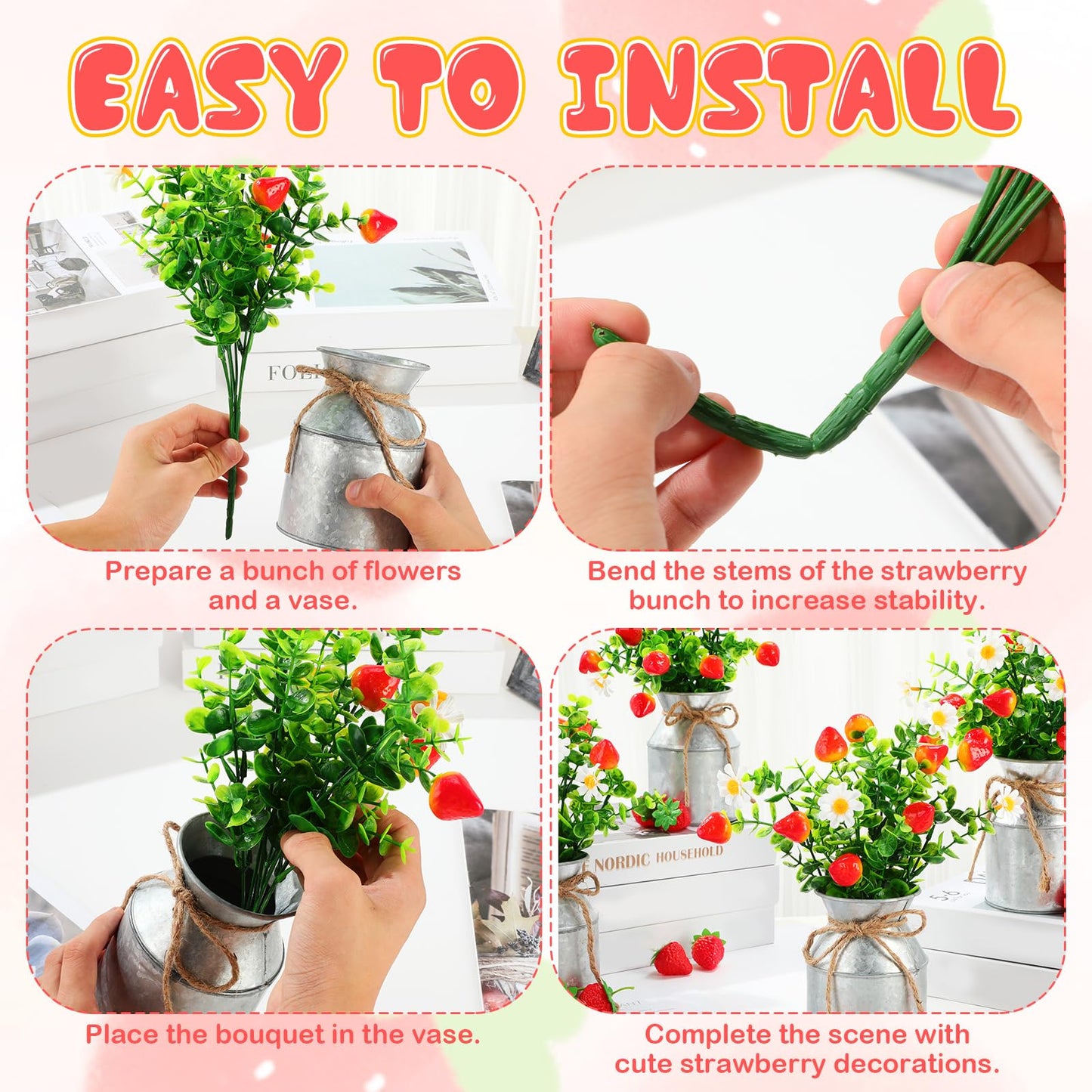 6 Sets Summer Strawberry Centerpieces for Tables Artificial Strawberry Daisy Plants with Vase and Fake Strawberries Berry Farmhouse Sweet Baby Shower Decor for Home Party Wedding Kitchen