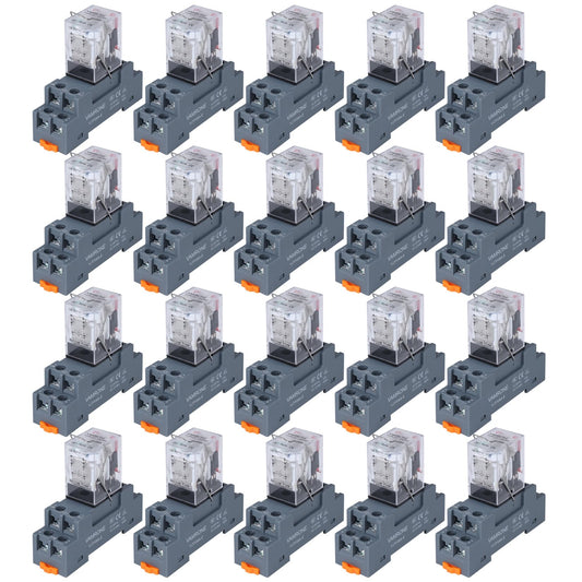 20PCS Electromagnetic Power Relay, 8-Pin 10 AMP 24V DC Relay Coil with Socket Base, LED Indicator, DPDT 2NO 2NC - MY2NJ [Applicable for DIN Rail System]