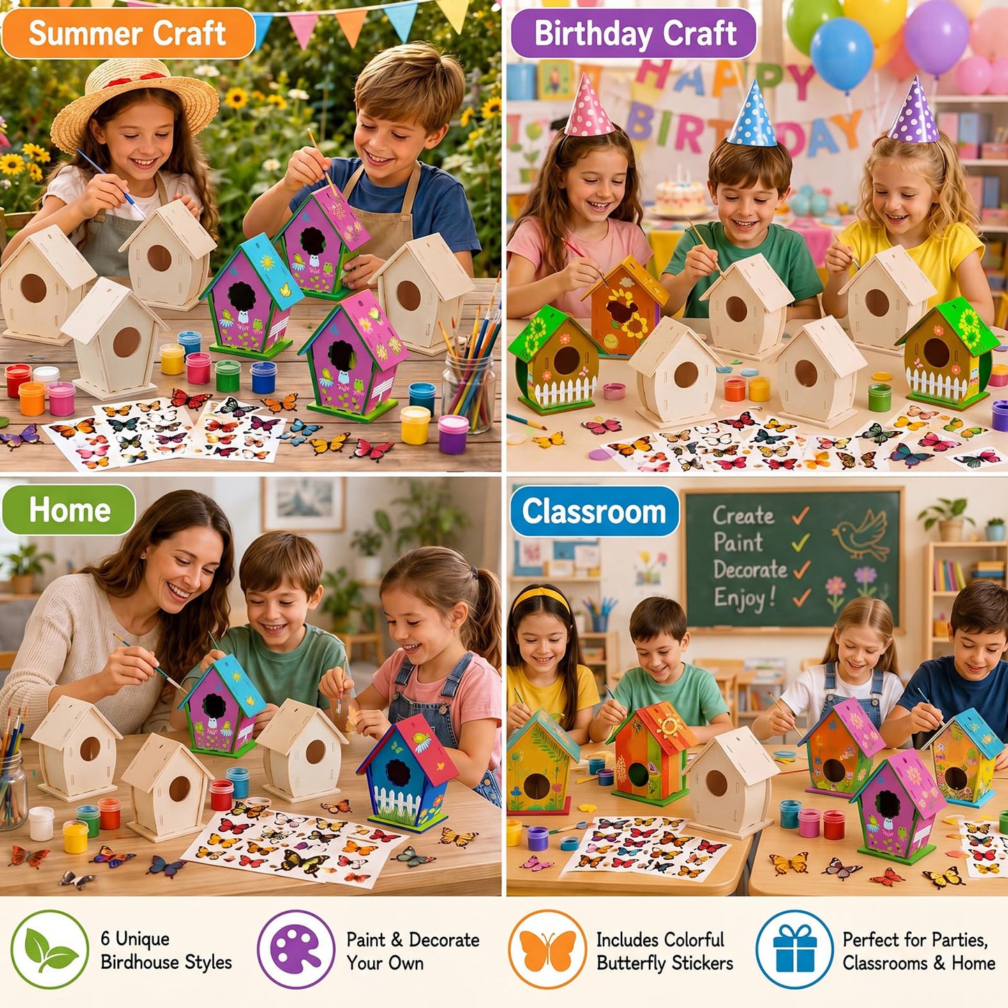 Sawysine 107 Pcs DIY Birdhouse Kits for Kids Ages 5-8 8-12, 48 Wooden Bird House Kits in 6 Shapes and 57 Butterfly Sticker for Children Spring Craft Activity Art DIY Project(Cute Style)