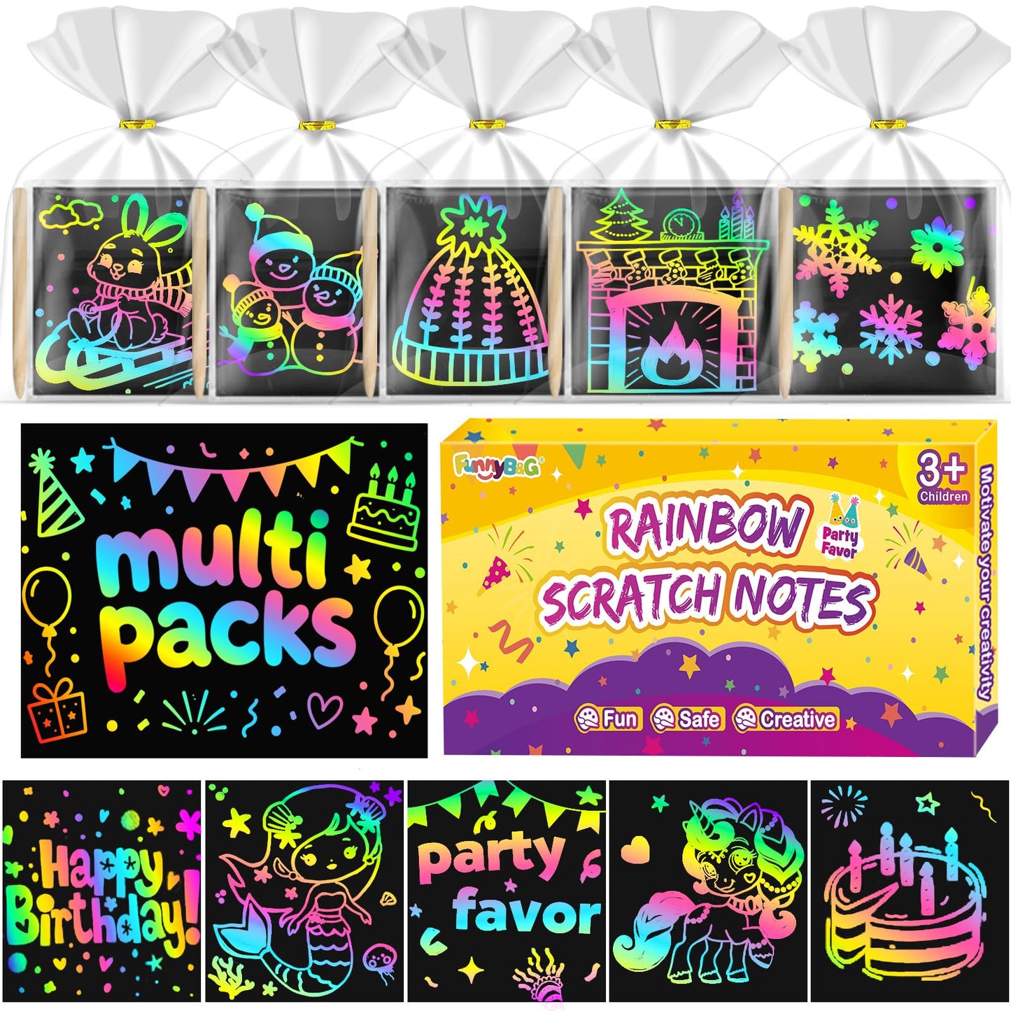 FUNNYB&G 360 PCS Rainbow Scratch Paper Art Kit for Kids, Birthday Party Favors Goodie Bags Stuffers for Kids, Bulk Classroom Gifts Scratch Mini Notes for Girls Boys Ages 4-12