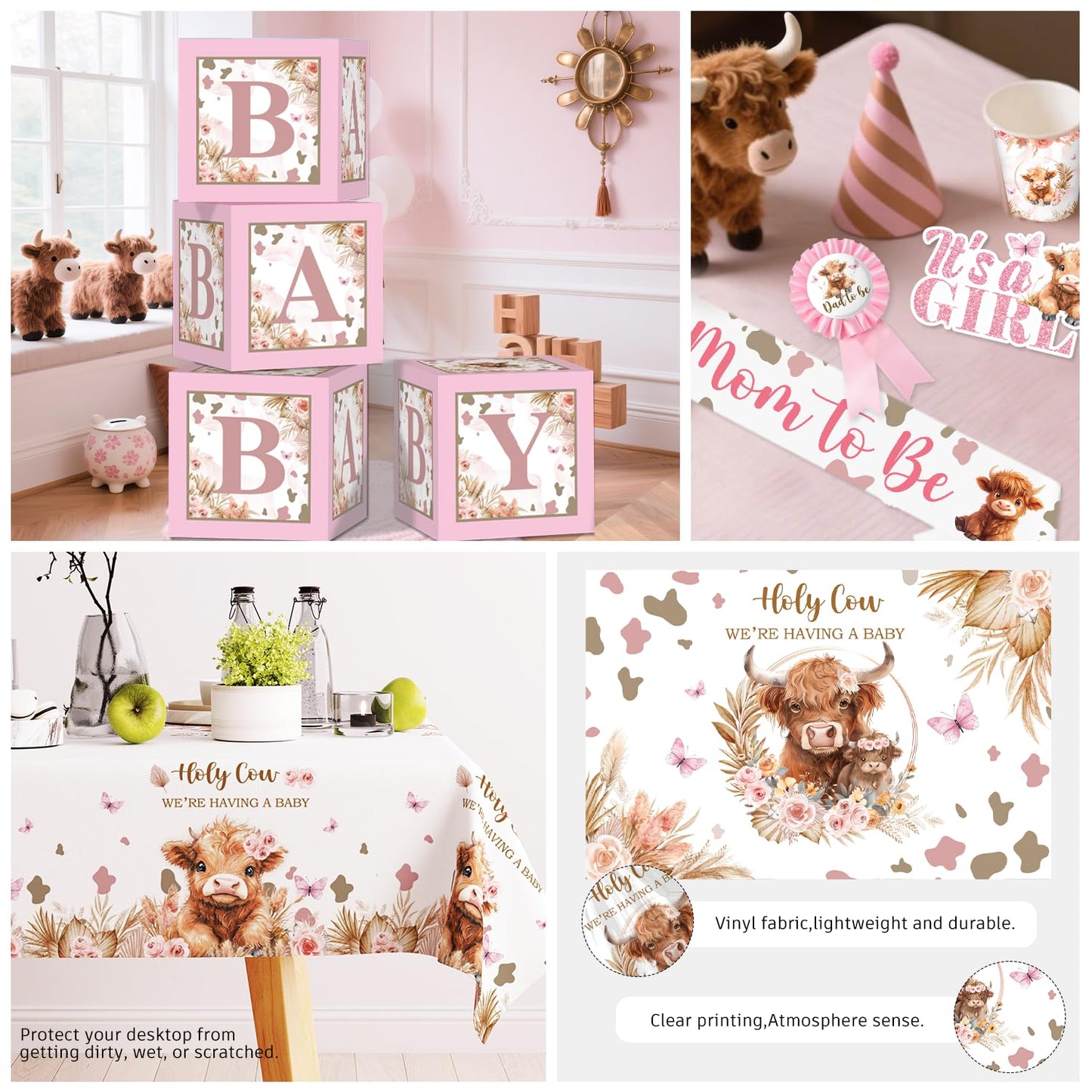 Highland Cow Baby Shower Decorations, Complete Pink Baby Shower Decorations, Holy Cow We're Having a Baby Banner Balloons Backdrop Paper Plates and Napkins Decor