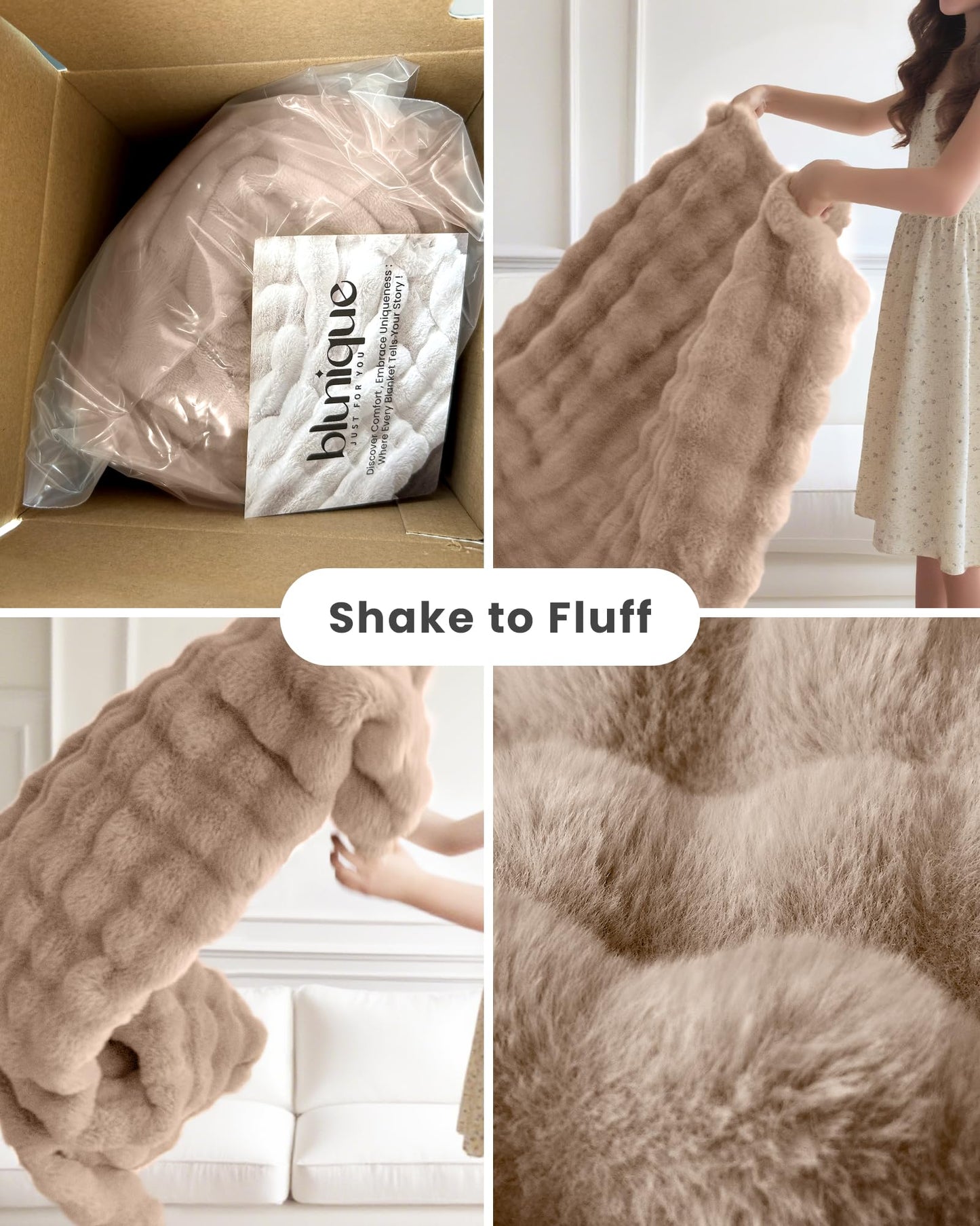 blunique Ultra Soft Cozy Faux Fur Throw Blanket, Fuzzy Plush Thick Bubble Blanket, Oversize Luxury Fluffy Blanket for Couch, Bed, and Living Room, 60x80 Inches, Light Brown