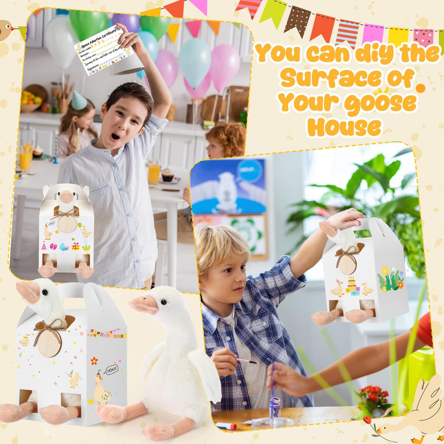 HyDren 33 Pcs Adopt Pet Party Favors Include Adoption Sign 8 Animal Adoption Certificate 8 Plush Pet Stuffed 8 Birthday Hats 8 White Paper Boxes for Adopt a Animal Birthday Party Favor (8 Goose)