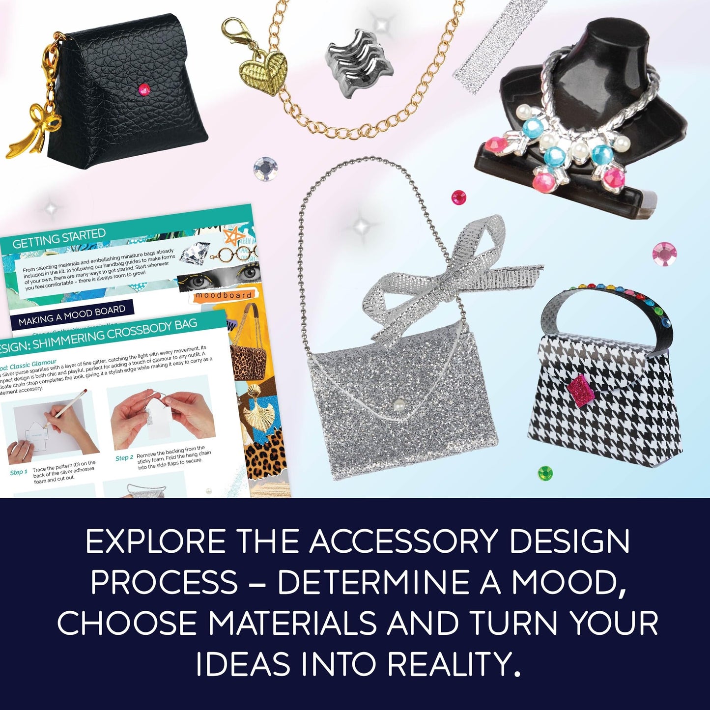 MindWare Run The Runway: Accessories – Fashion Design Kit for Creating Mini Handbags, Clutches, Necklaces & Bracelets – No‑Sew Craft Kit with 350+ Trims, Ribbons, Patterns & Display Stand – Ages 8+