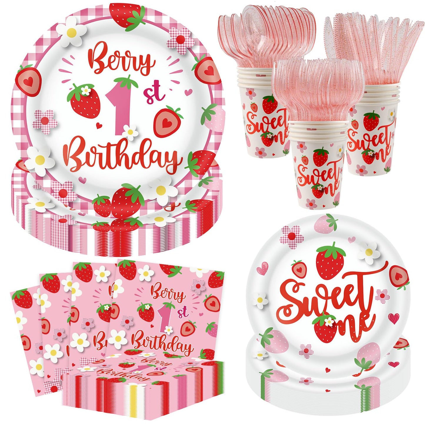 350 PCS Strawberry 1st Birthday Decorations for 50 Guests,Berry First Birthday Plate and Napkin Sets nclude Paper Plate, Napkin, Cup and Disposable Plastic Cutlery