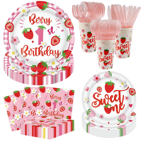 350 PCS Strawberry 1st Birthday Decorations for 50 Guests,Berry First Birthday Plate and Napkin Sets nclude Paper Plate, Napkin, Cup and Disposable Plastic Cutlery