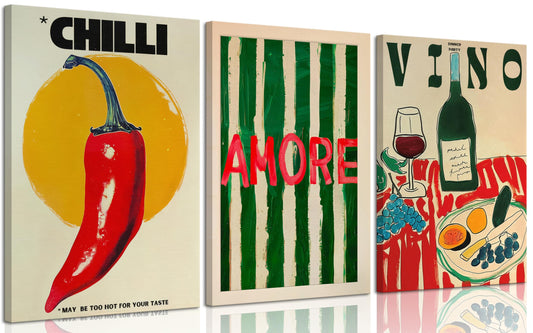 3Pcs Vintage kitchen Canvas Wall Art Abstract Dinner Table Food Wall Decor Colorful Food Lover Maybe Too Hot for Your Taste Poster Print Artwork for Dining Hotel Kitchen Modern Home Decoration