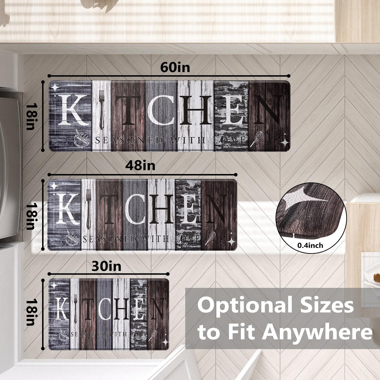 CHICNOOK PVC Farmhouse Kitchen Mats for Floor Set of 3, Wooden Board Theme Kitchen Rugs, Kitchen Rugs Non-Slip Washable, Anti Fatigue Kitchen Mat for Sink Office Laundry,18"x30"+18"x48"+18"x60" Inches