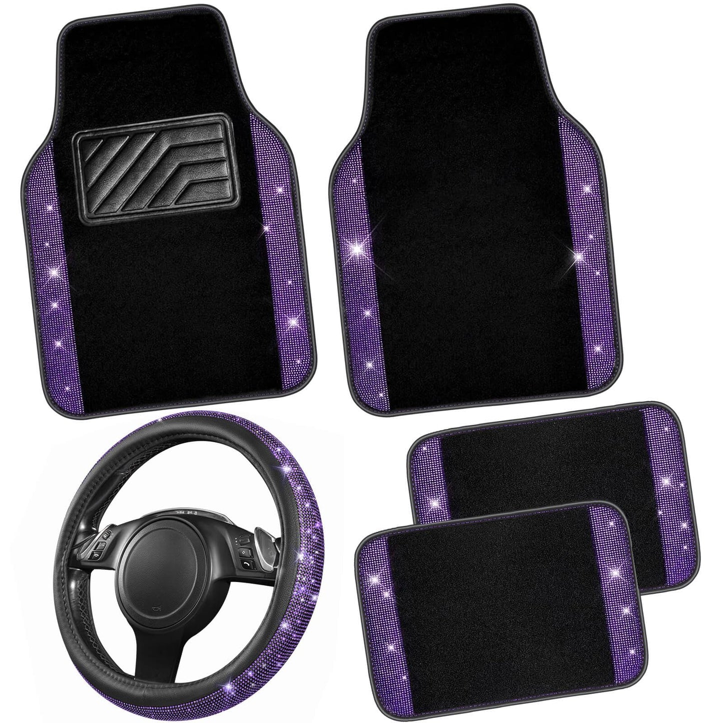 CAR PASS Bling Diamond Leather Steering Wheel Cover 14.5in-15in Floor Mats Shining Rhinestone Carpet Sparkly Glitter Crystal Anti-Slip Pad Fit Automotive SUV Pickup Truck Girl Women, 5pcs Black Purple
