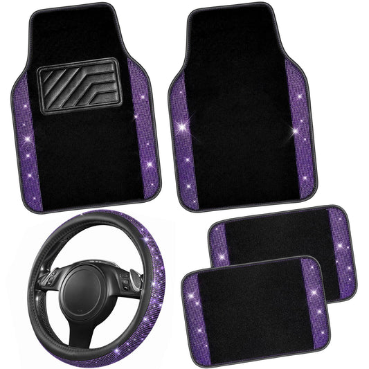 CAR PASS Bling Diamond Leather Steering Wheel Cover 14.5in-15in Floor Mats Shining Rhinestone Carpet Sparkly Glitter Crystal Anti-Slip Pad Fit Automotive SUV Pickup Truck Girl Women, 5pcs Black Purple
