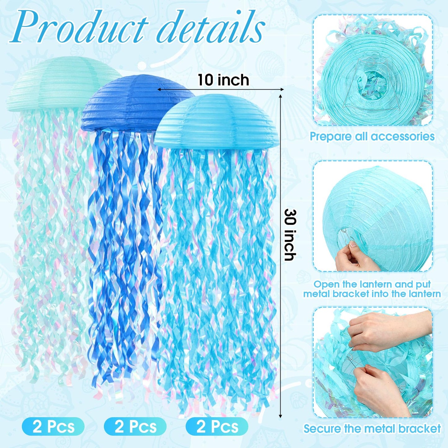Soulchen 20 Pcs Hanging Jellyfish Paper Lanterns with Tassel Curtains Swirl Bubble Streamers Under The Sea Ocean Themed Mermaid Party Decorations for Birthday Baby Shower Beach Ceiling(Blue)