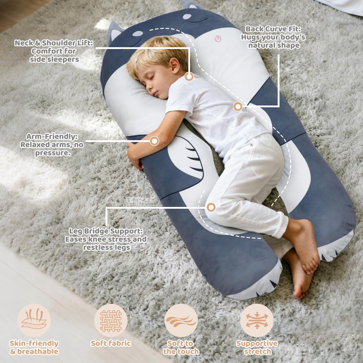 IFOYO Dog U Shaped Kids Body Pillow, 43" Minky Kids Full Body Pillow for Sleeping, Reading, ADHD & Sensory Relief, Kid Animal Cuddle Pillows Washable Cover, Snuggle Fun Hug Gift for Boys & Girls