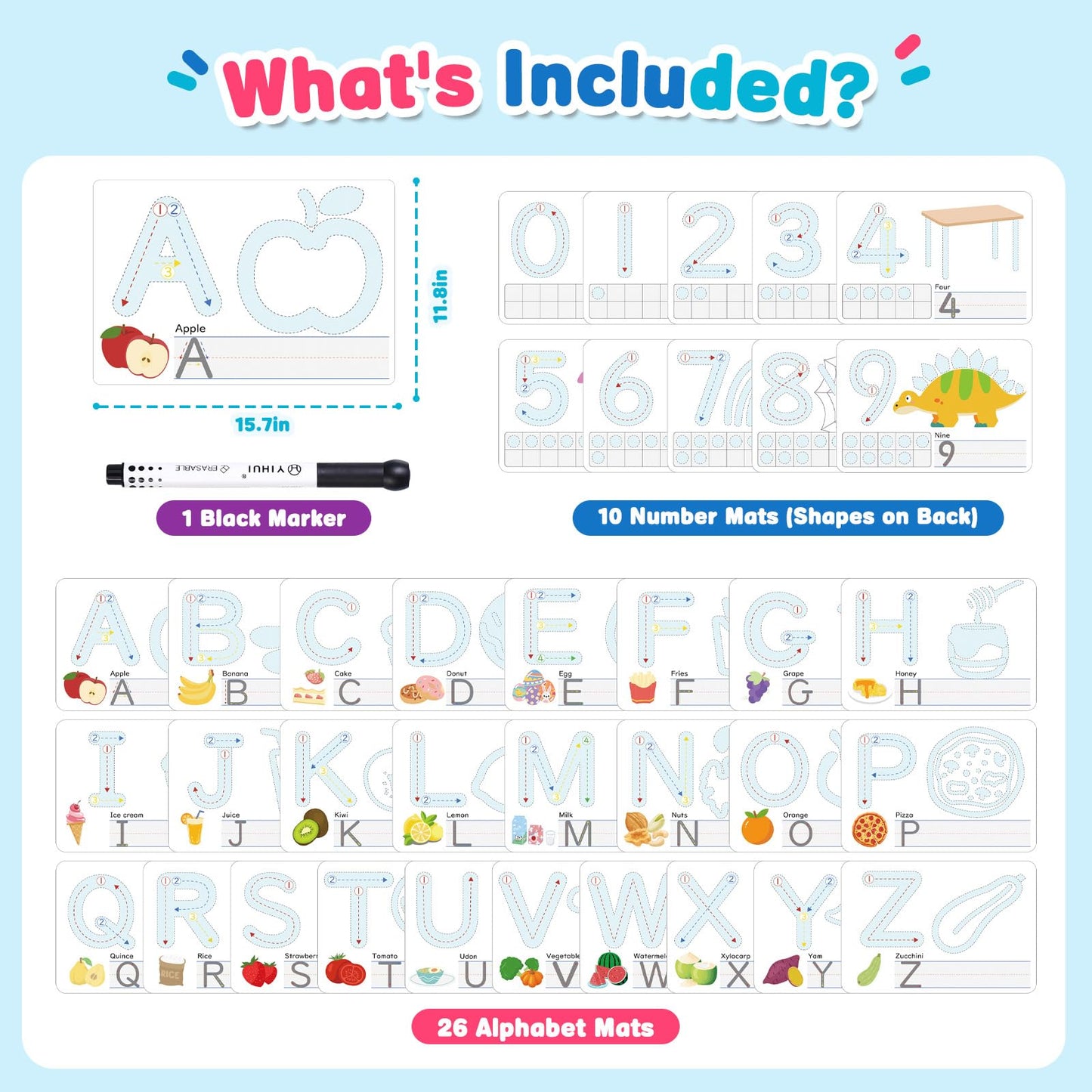 Crelloci Alphabet & Number Color Dough Mats for Kids 3+ – Double-Sided ABC Cards with Shapes, Write & Wipe Learning Set, Reusable Educational Preschool Toy with Marker