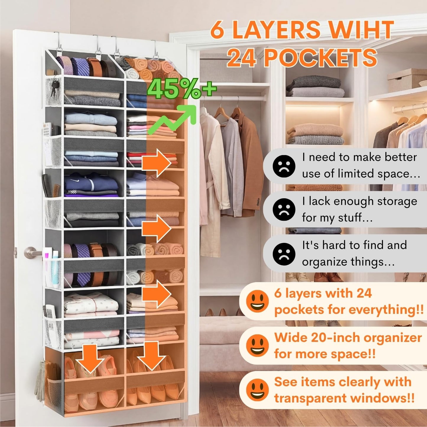 Over the Door Organizer 6 Tiers, Extra Large Behind Door Storage of 12 Compartments, 80 lbs Weight Capacity Hanging Storage Organizer with Clear Window Kids Toys, Shoes, Diapers, Room storage