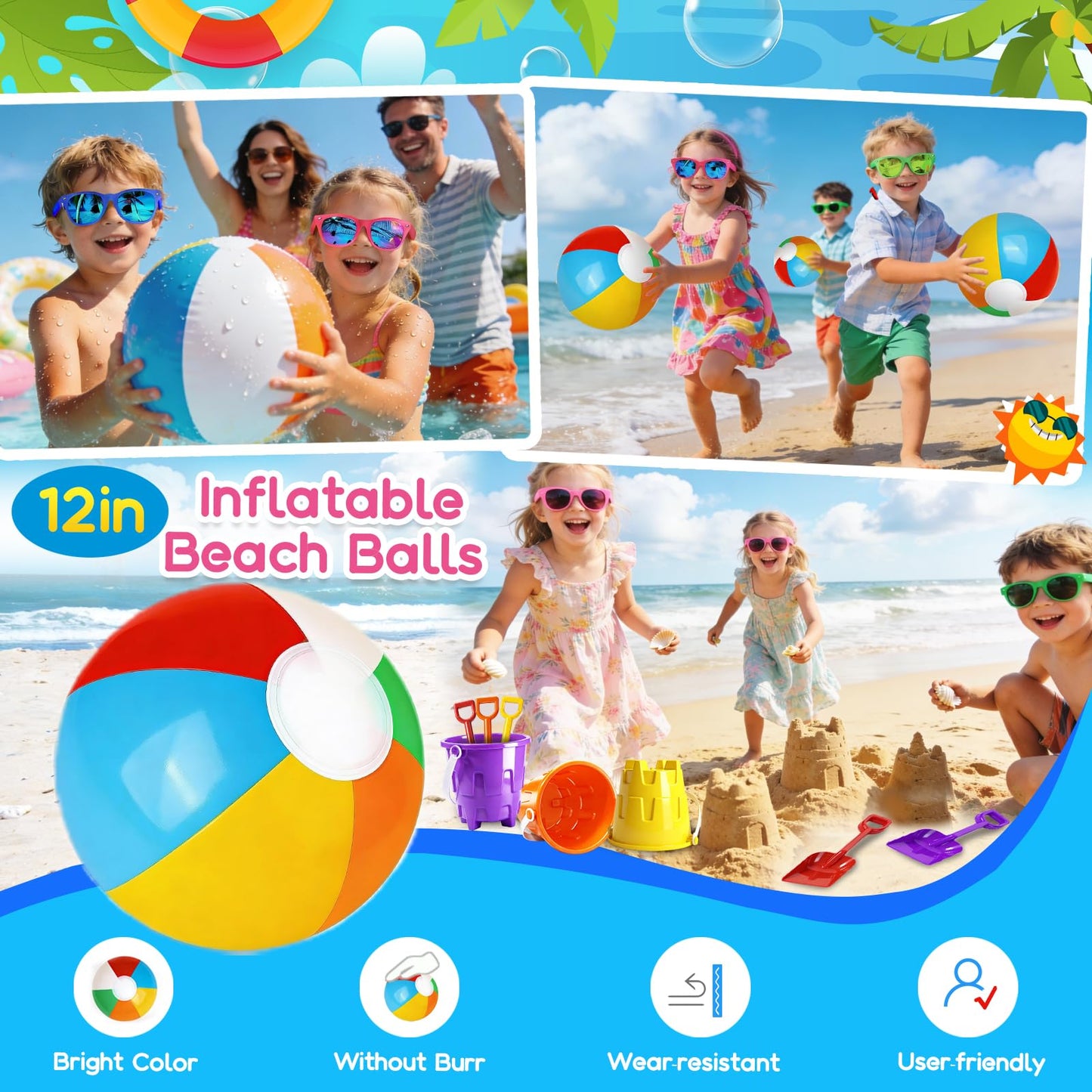 Pool Party Favors and Beach Party Favors 168pcs Summer Pool Toys for Party,Kids Ages 4-8 8-12, Including 12 Castle Mold Buckets, 12 Shovels,Beach Balls, Sunglasses, Bubble Wands