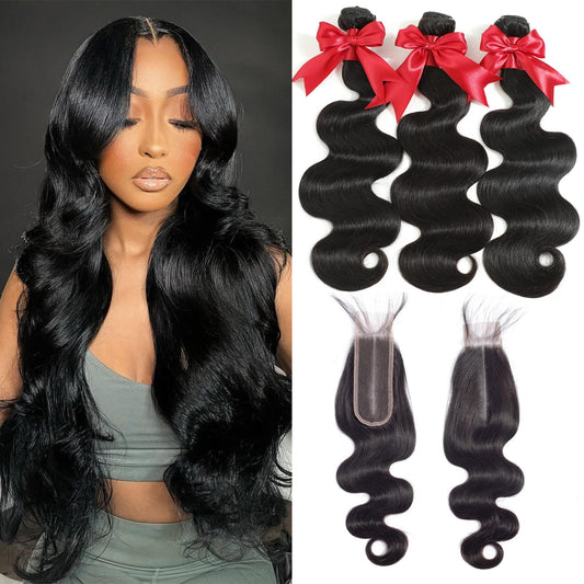 12A Human Hair Bundles with 2x6 Closure 10 12 14 with 10 Inch Brazilian Body Wave Bundles Human Hair with 2x6 HD Lace Closure 100% Unprocessed Virgin Human Hair Weave 3 Bundles Deals with Closure