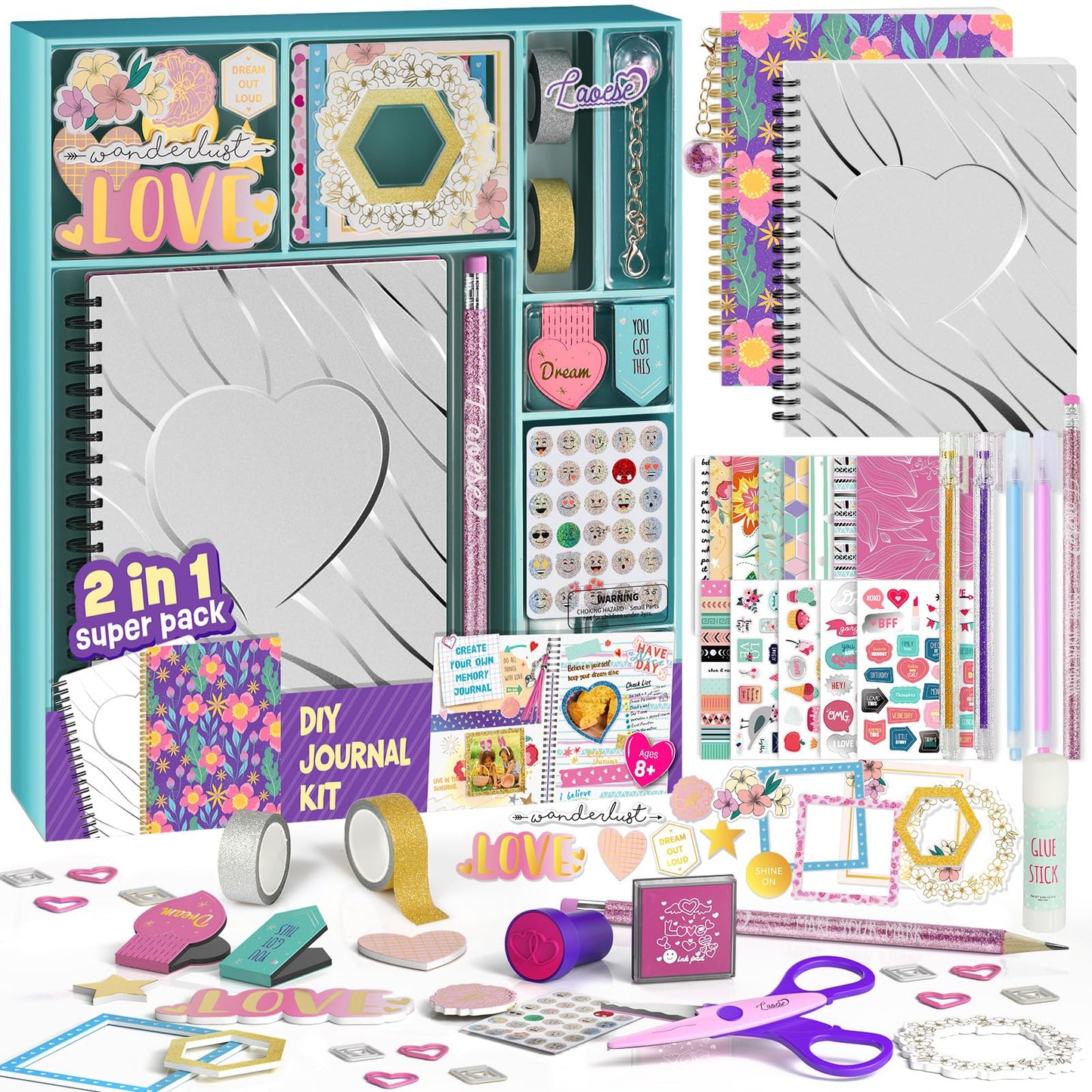 2-Pack Mega DIY Journal Kit - Gifts for Girls Ages 8 9 10 11 12 13 14 Year Old - Birthday Gifts for Girls, Arts & Crafts Kit for Kids, Teen Girl Trendy Stuff - Scrapbook & Diary Set