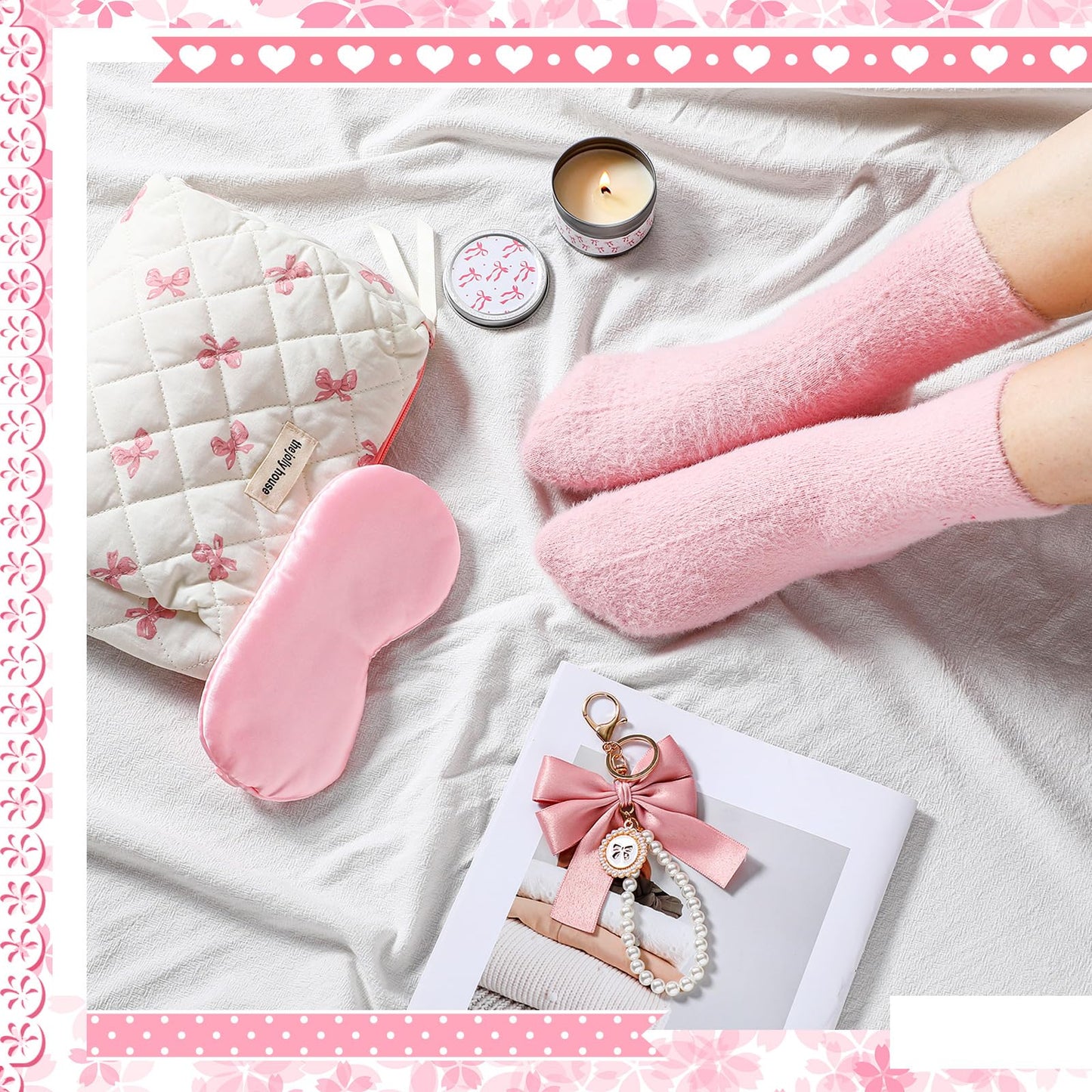 Skylety Pink Bow Gift Set Birthday Basket for Women Coquette Bow Teen Girl Happy Birthday Box Girl Gift for Her Friend Daughter Niece Women Sister Teenage