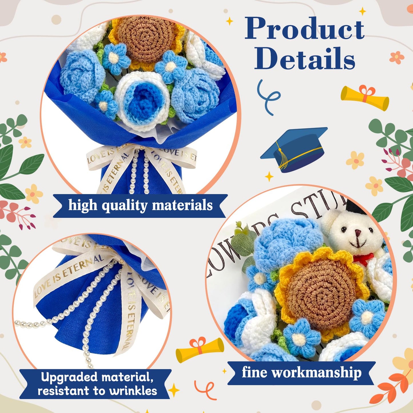 Giegxin Large Graduation Bear Flower Bouquet Set Crochet Graduation Bouquet Gift 2026 Handmade Sunflower Rose Greeting Card Gift Bag for Birthday Teacher Appreciation Grad Party Favor Supplies(Blue)