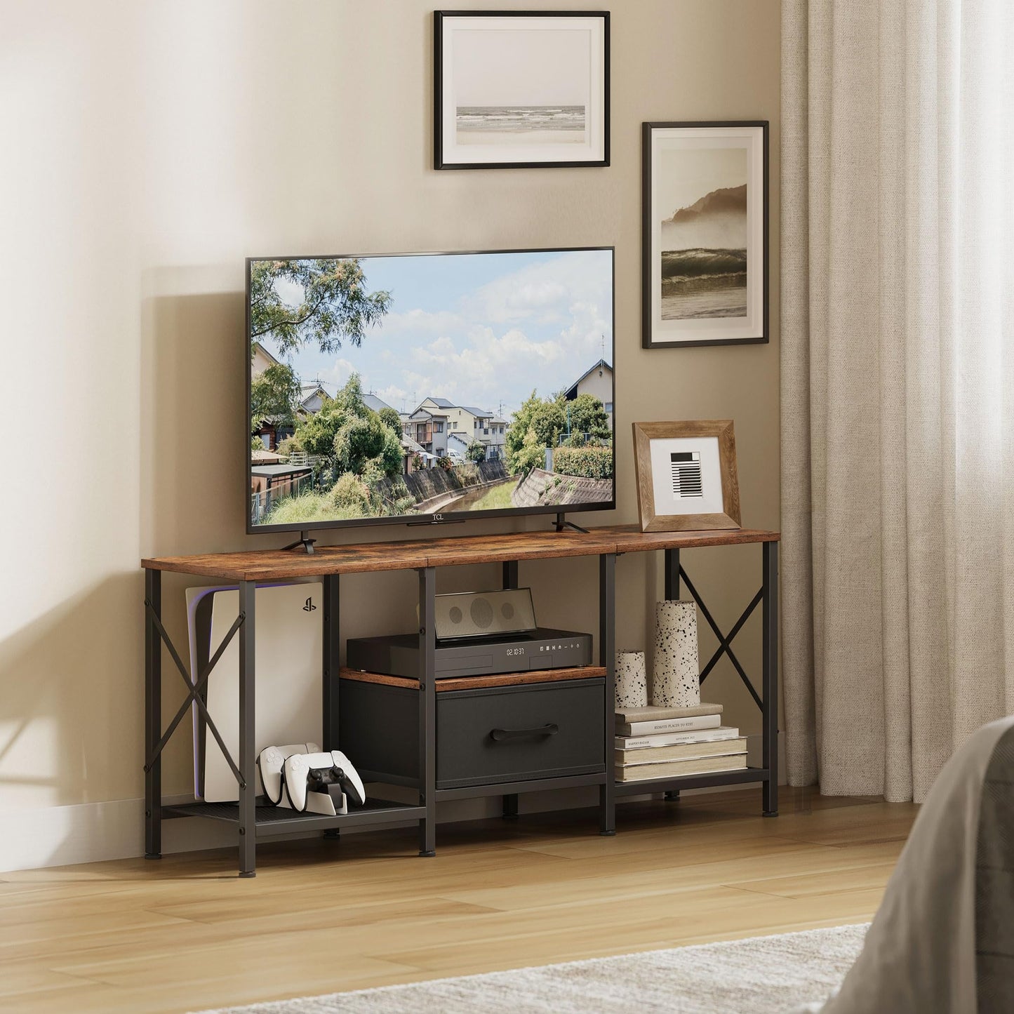 JARHETUN TV Stand with Fabric Drawer, Entertainment Center for 50 55 Inch TV, Industrial TV Console Table with Open Storage Shelves for Living Room, Bedroom, Rustic Brown