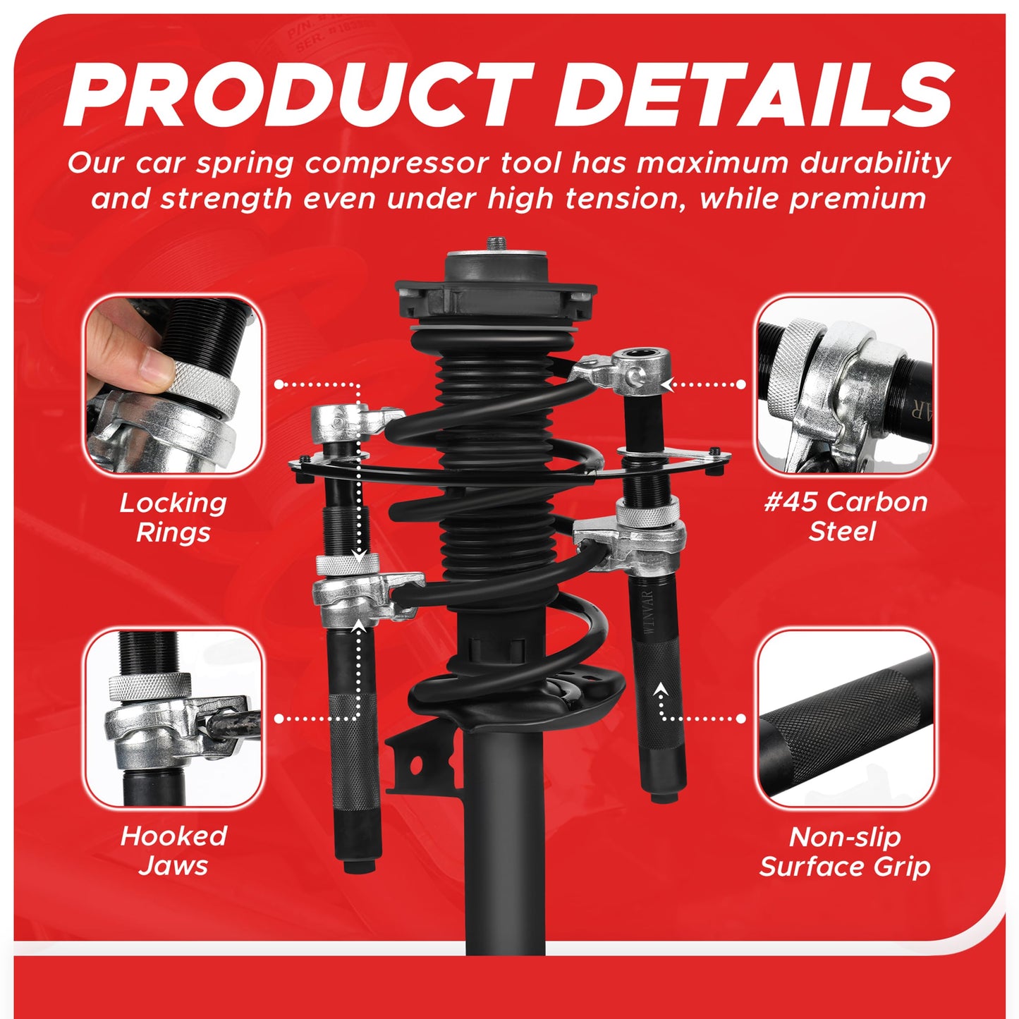 WINVAR Heavy Duty Coil Spring Compressor Tool – Ultra Rugged Macpherson Strut Remover Installer Tool with Safety Jaws & Holder for Suspension Work Truck, Car, UTV, ATV – 2 Pcs with Max Load 2300Pound
