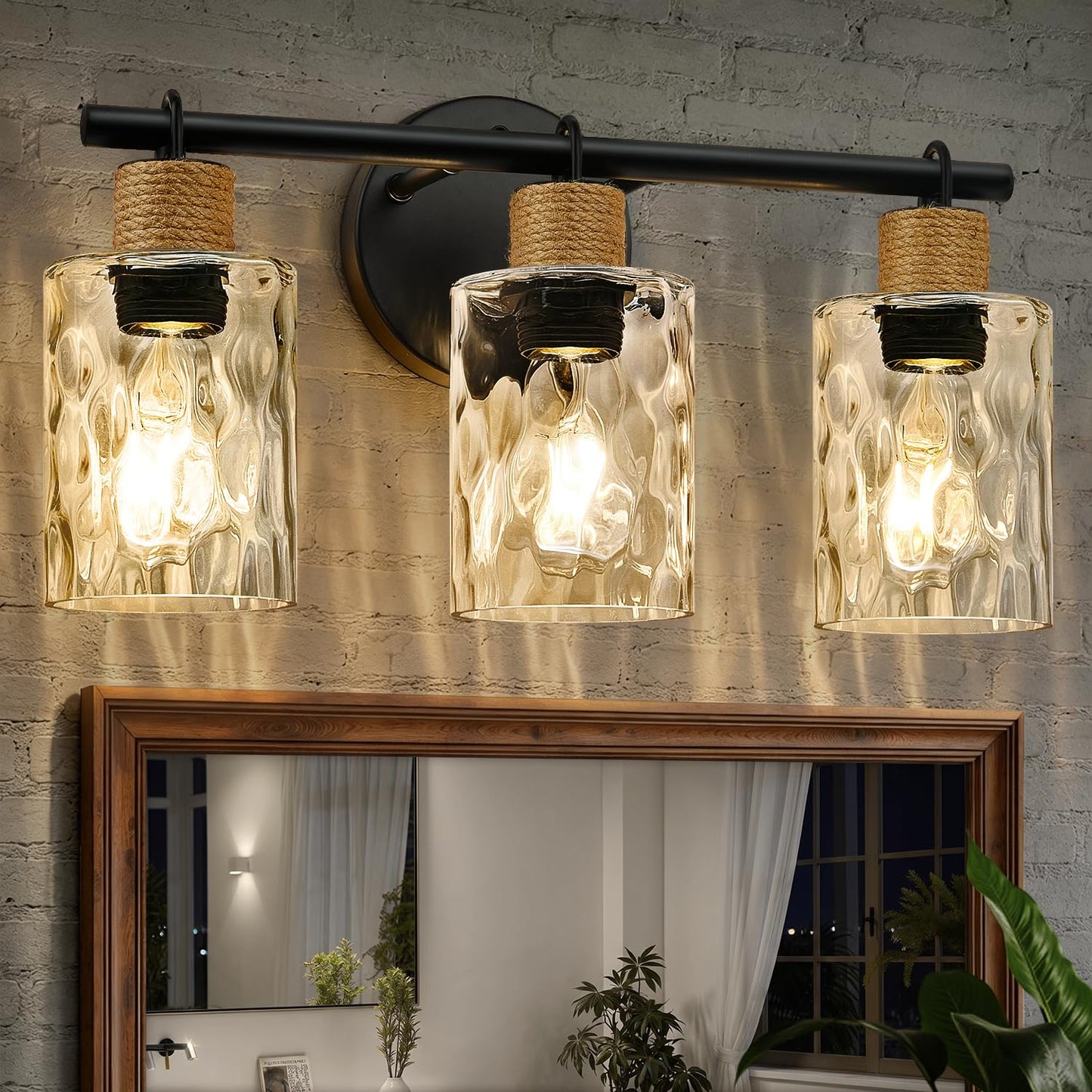MOKATNG Bathroom Light Fixtures, 3-Light Coastal Vanity Lights with Crystal Glass Shade, Black Bathroom Wall Lamp for Mirror Kitchen Hallway Cabinet