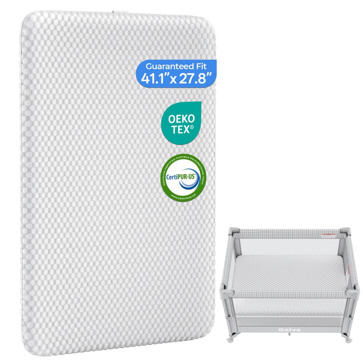 GAIVE 1.5in Mattress Fit Pack and Play & Baby Bassinet, Gel Memory Foam with Waterproof & Breathable Ice Silk Cover, 41.1"x27.8" （Grey）