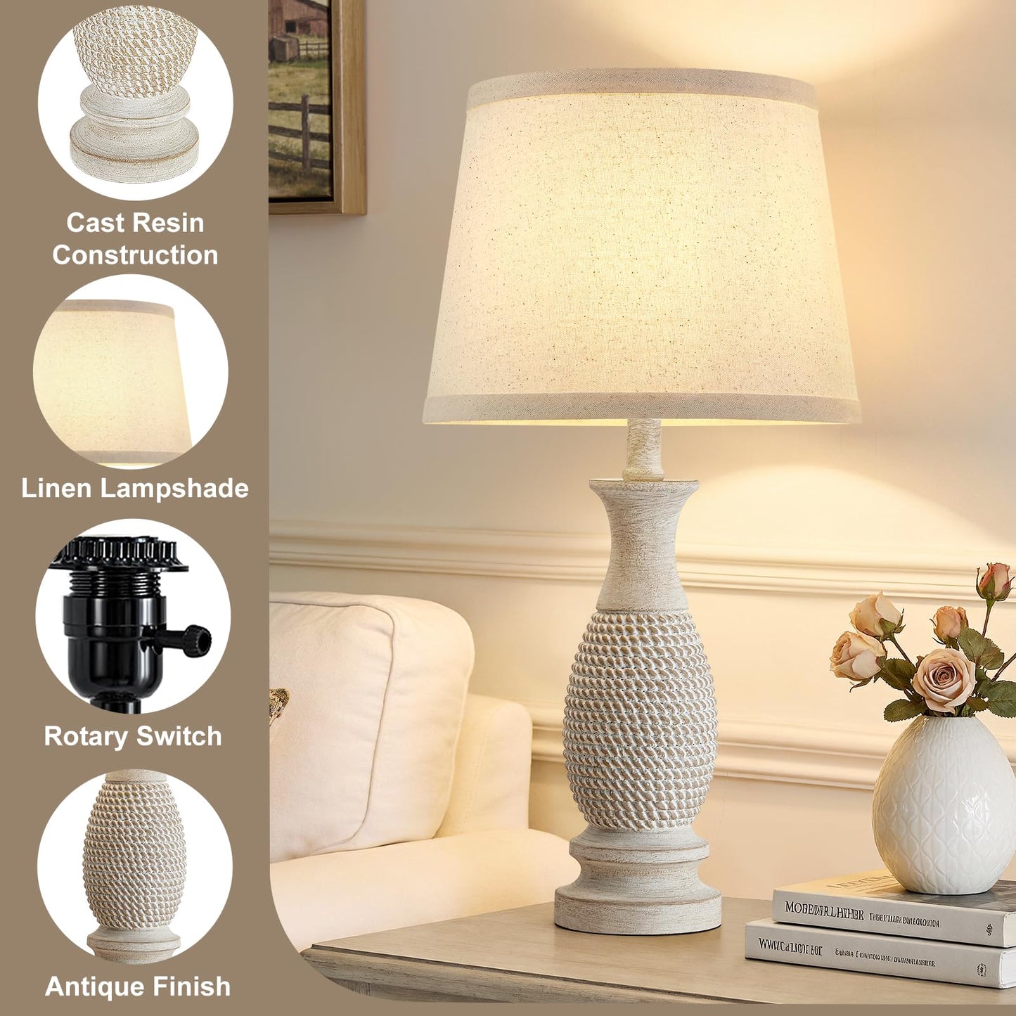 EJIAXIN Table Lamps Set of 2-21.6" Resin Farmhouse Bedside Lamps for Bedroom Living Room, Rustic Nightstand Bedroom Lamp with Rotary Switch for Night Stand End Table