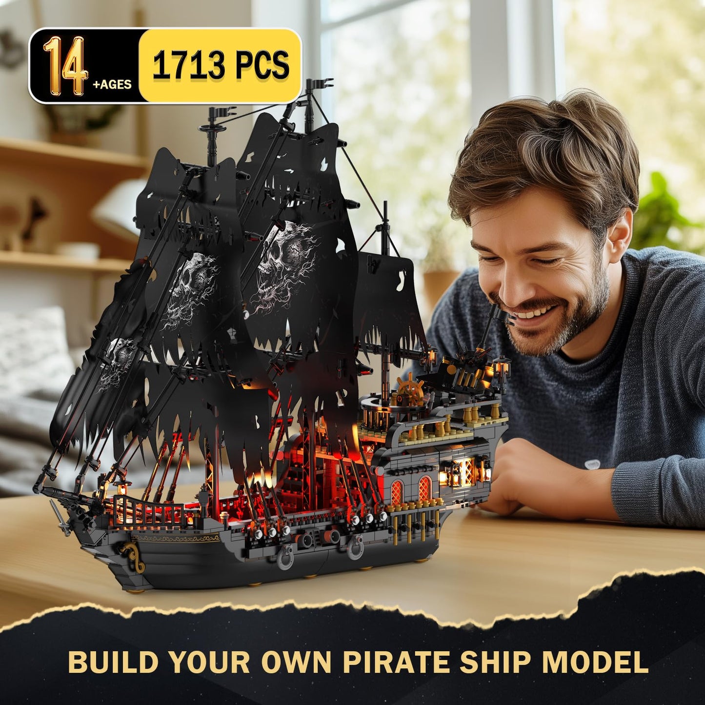 JMBricklayer Pirate Ship Building Toys with Lights, Pearl Pirate Ship Model Boat Kit 40002, Black Ship Toy Building Sets for Adult Teens 14+, Home Office Decor(1713 PCS) New Upgrade