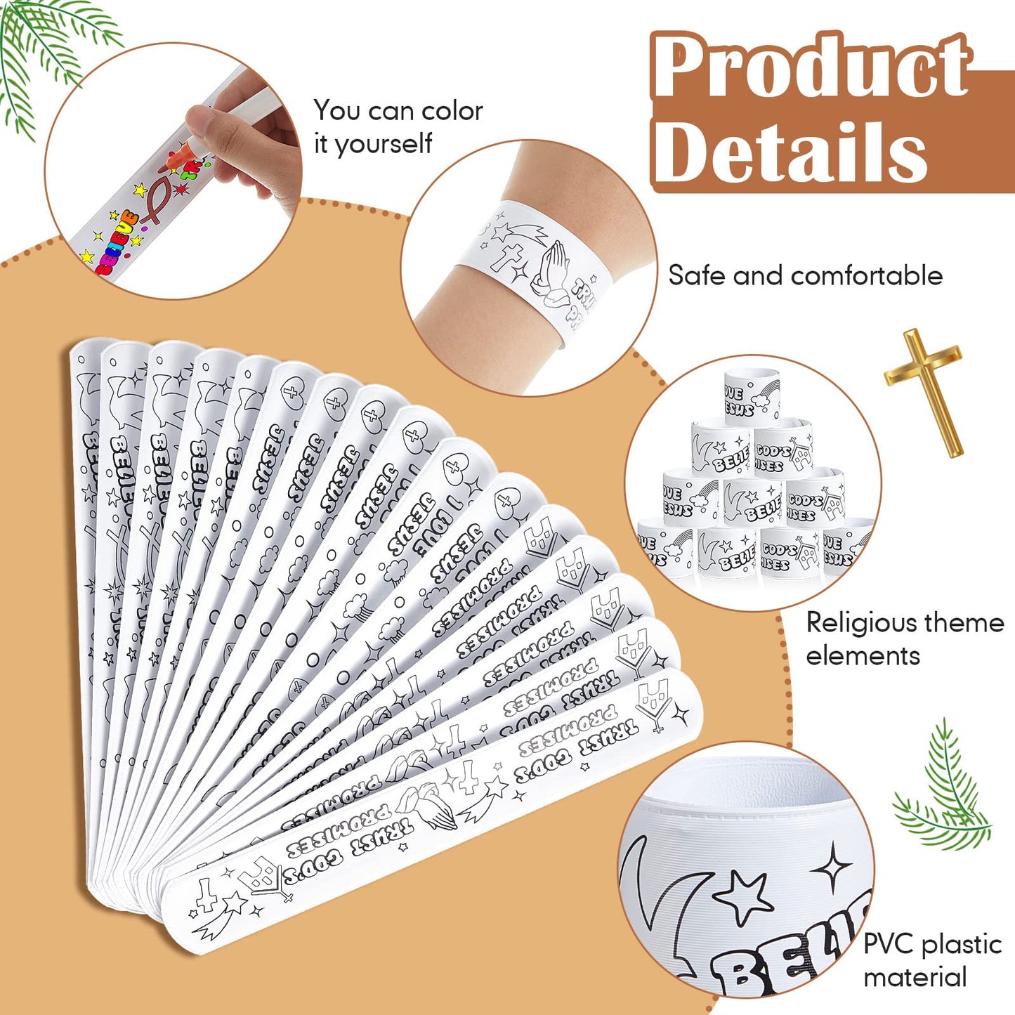 Color Your Own Faith Slap Bracelets Jesus Bracelets for Easter Kids Christian Religious Craft Blank Slap Bands with Religious Sayings for Sunday School Crafts Coloring DIY Gifts, 3 Styles(150 Pcs)