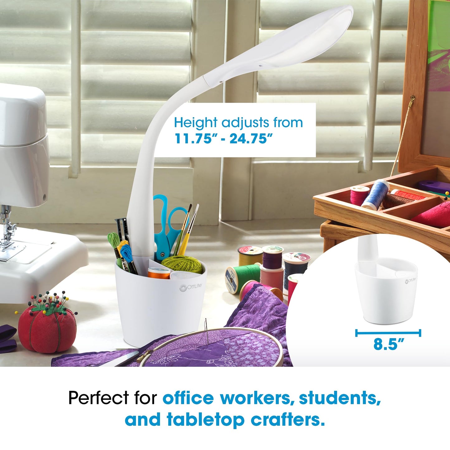 OttLite LED Desk Lamp Space Organizer with Flexible Neck Height - 4 Brightness Settings with Touch Activated Controls, Energy-Efficient Natural Daylight LEDs for Home Office, Desk, & Dorms
