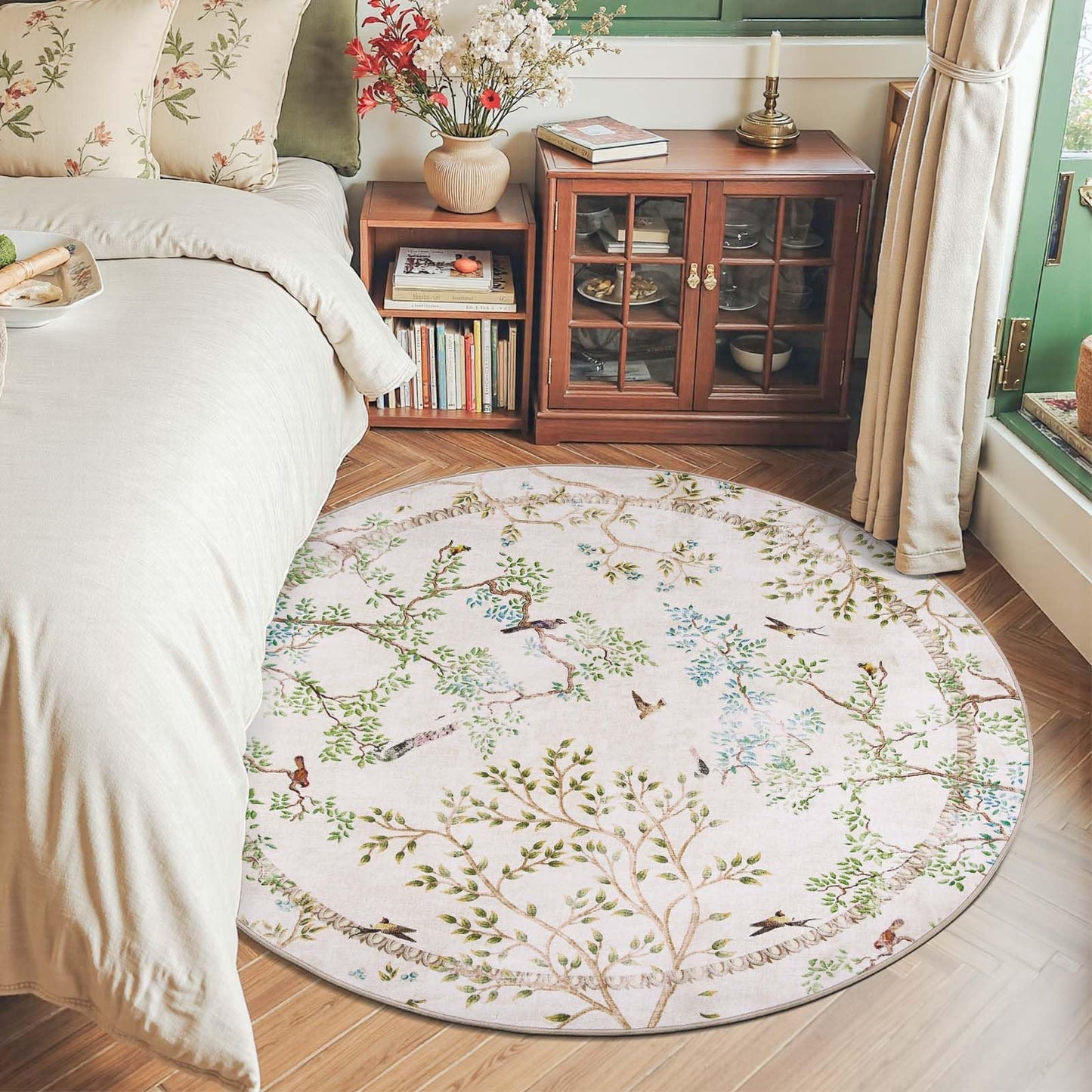 jinchan Yarden Round Rugs 5ft Ivory Botanical Birds Print Machine Washable 5' Circle Nature Plants Modern Soft Non Slip Throw Area Rugs Ultra Thin Low Pile Carpet for Entryway Bedroom Kids Room