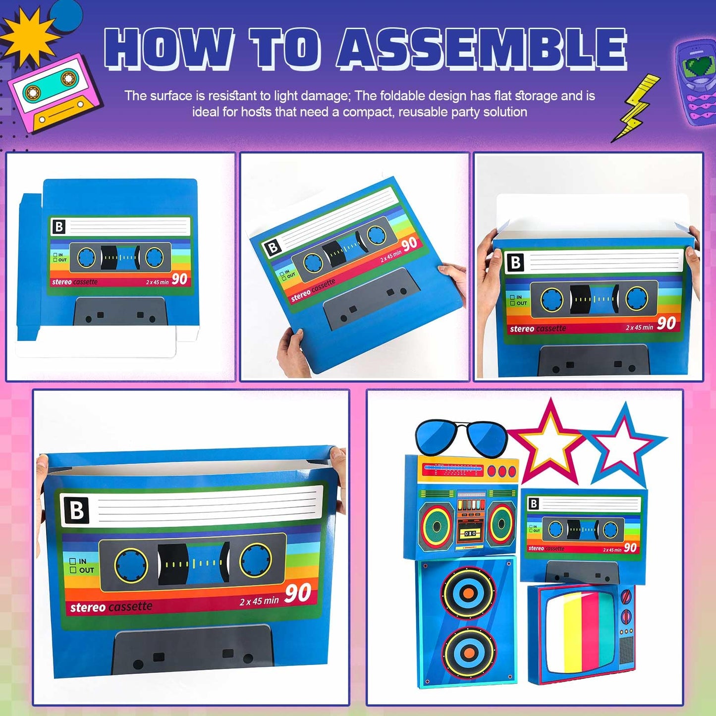 Weekgrat 7 pcs Large 80s 90s Party Decorations 3D Hip Hop Favor Set Paper Boombox Cassette Boxes for Retro Back to 1980s 1990s Theme Birthdays Music Neon Decoration