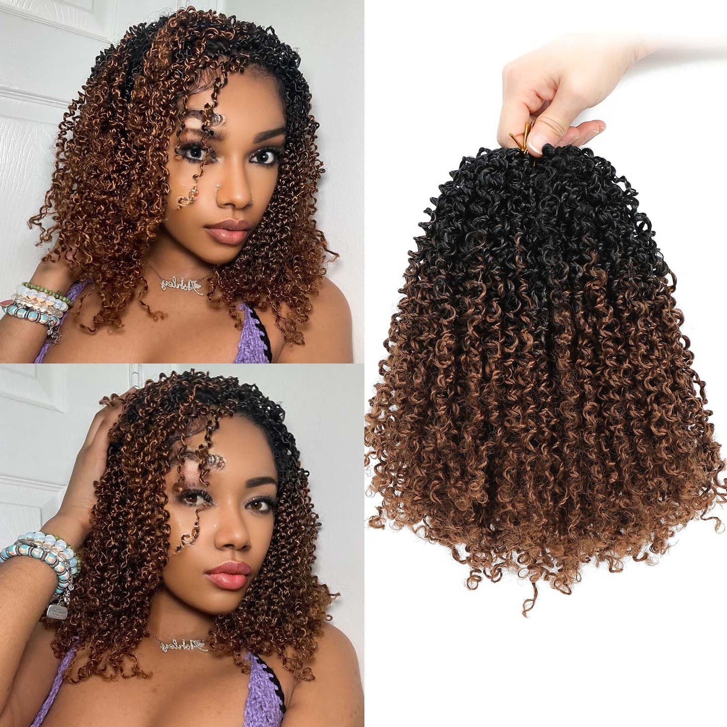 Aksice 10 Inch Yanky Twist Crochet Hair Pre-looped 8 Packs Ombre Brown Spring Twists Hair Senegalese Twist Crochet Hair with Curly Ends Synthetic Crochet Braids (1B/30#)